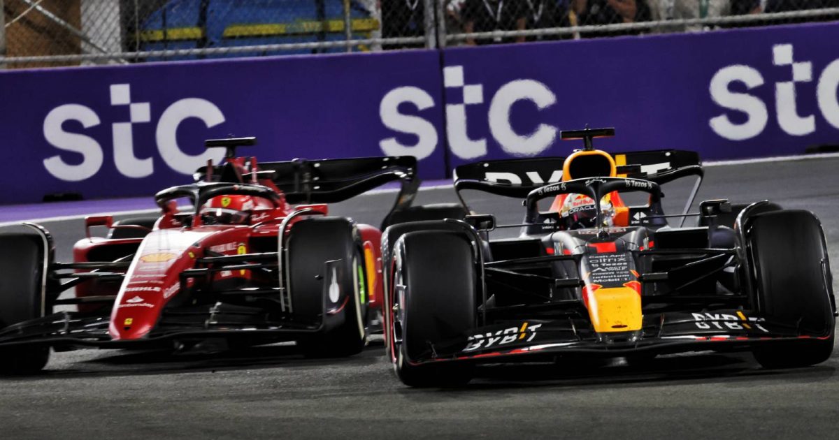 Max Verstappen and Charles Leclerc duelling for the lead in Saudi Arabia. Jeddah March 2022.