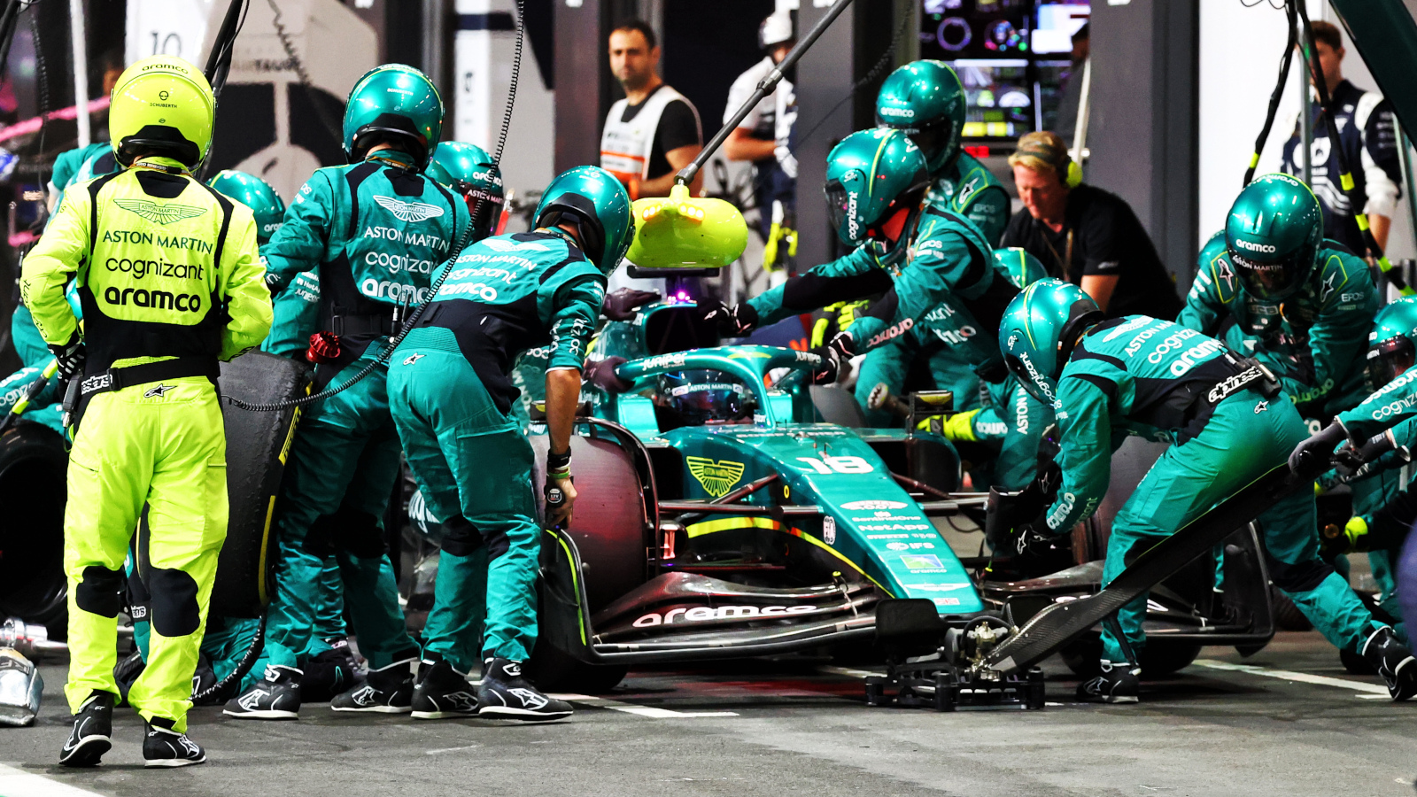 Lance Stroll Aston Martin pit stop. Saudi Arabia March 2022