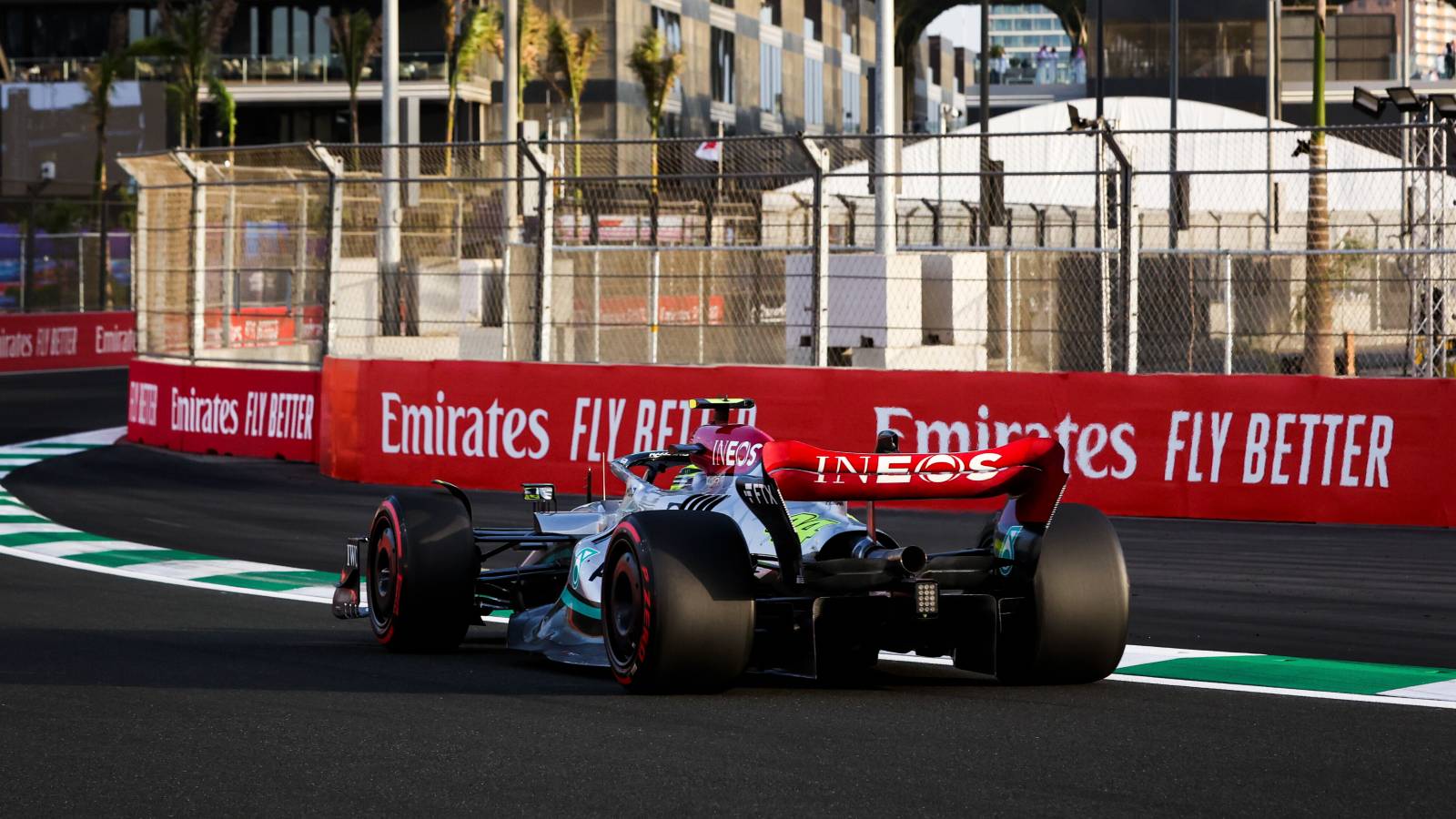 The Mercedes W13 in action from behind. Saudi Arabia March 2022.