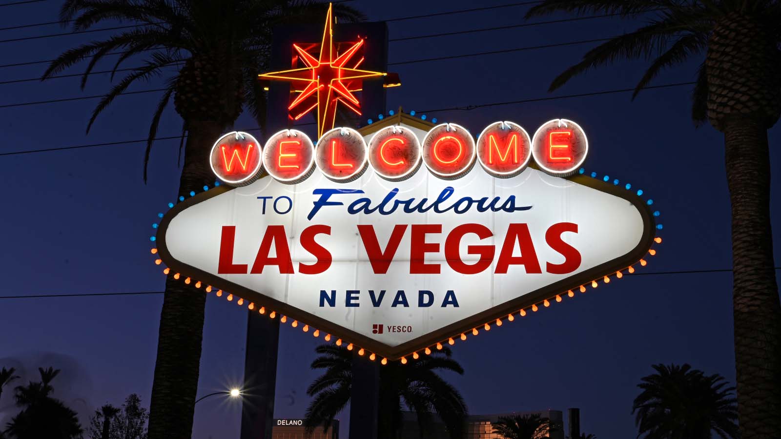 Welcome to Las Vegas emblazoned on a sign. Las Vegas F1 February 2022.