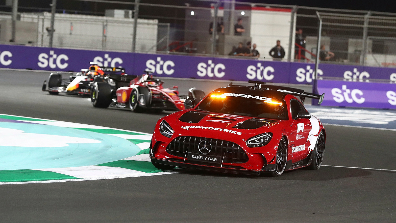 Charles Leclerc and Max Verstappen behind the Safety Car. Saudi Arabia March 2022