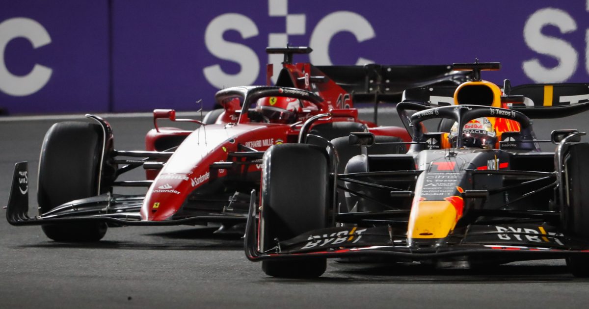 Max Verstappen and Charles Leclerc racing. Saudi Arabia March 2022