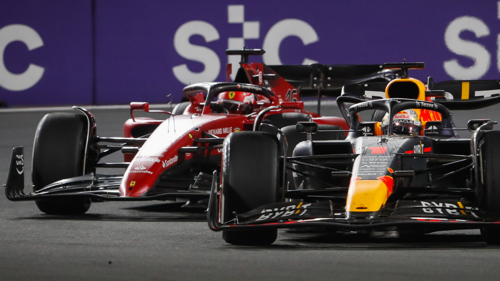Max Verstappen and Charles Leclerc racing. Saudi Arabia March 2022