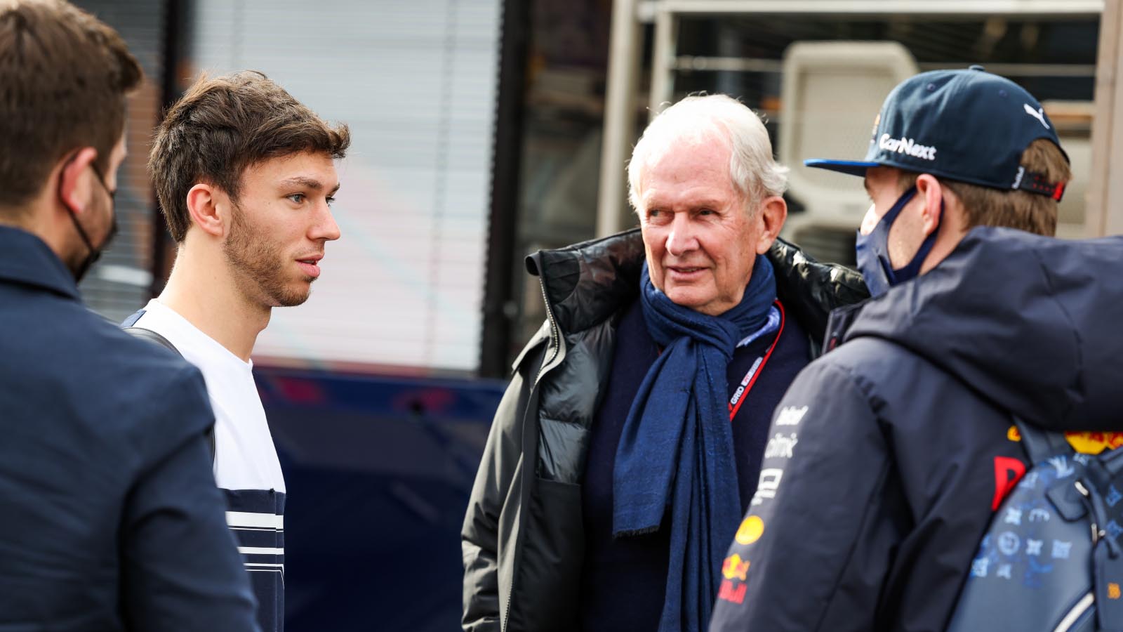 Pierre Gasly and Helmut Marko. Barcelona February 2022.