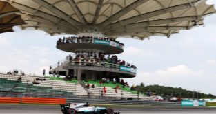 Lewis Hamilton on track during Malaysian GP practice. Sepang September 2017.