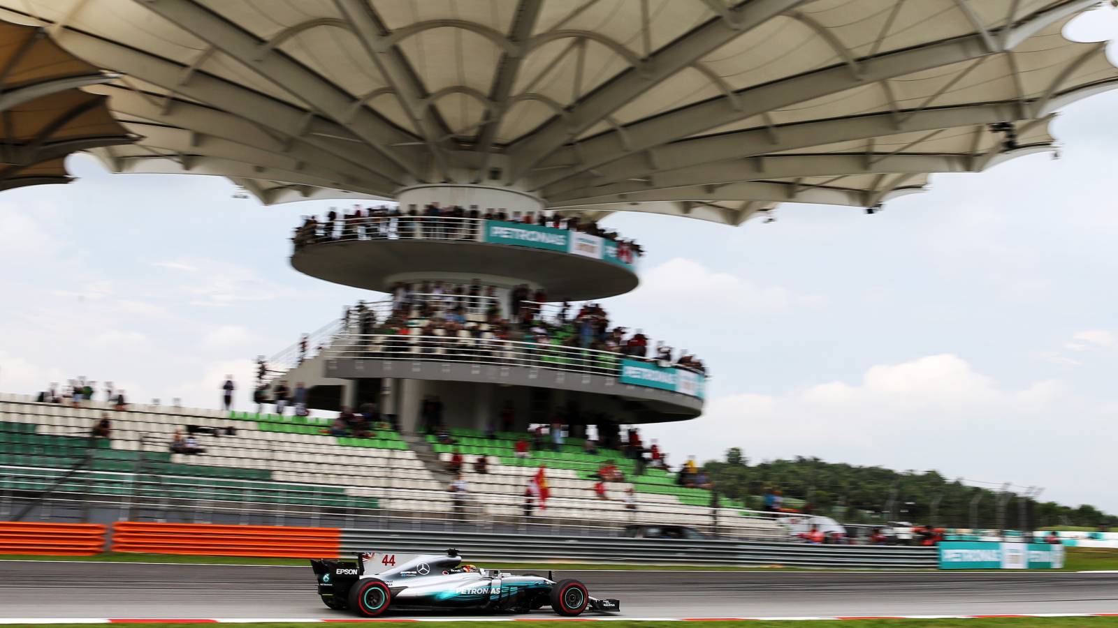 Lewis Hamilton on track during Malaysian GP practice. Sepang September 2017.