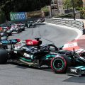 Lewis Hamilton, Mercedes, leads a train of cars. Monaco, May 2021.
