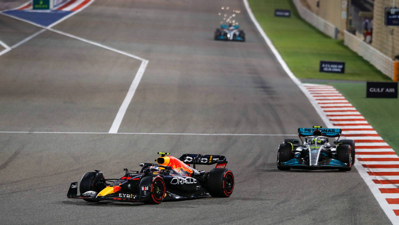 Sergio Perez ahead of Lewis Hamilton. Bahrain March 2022.