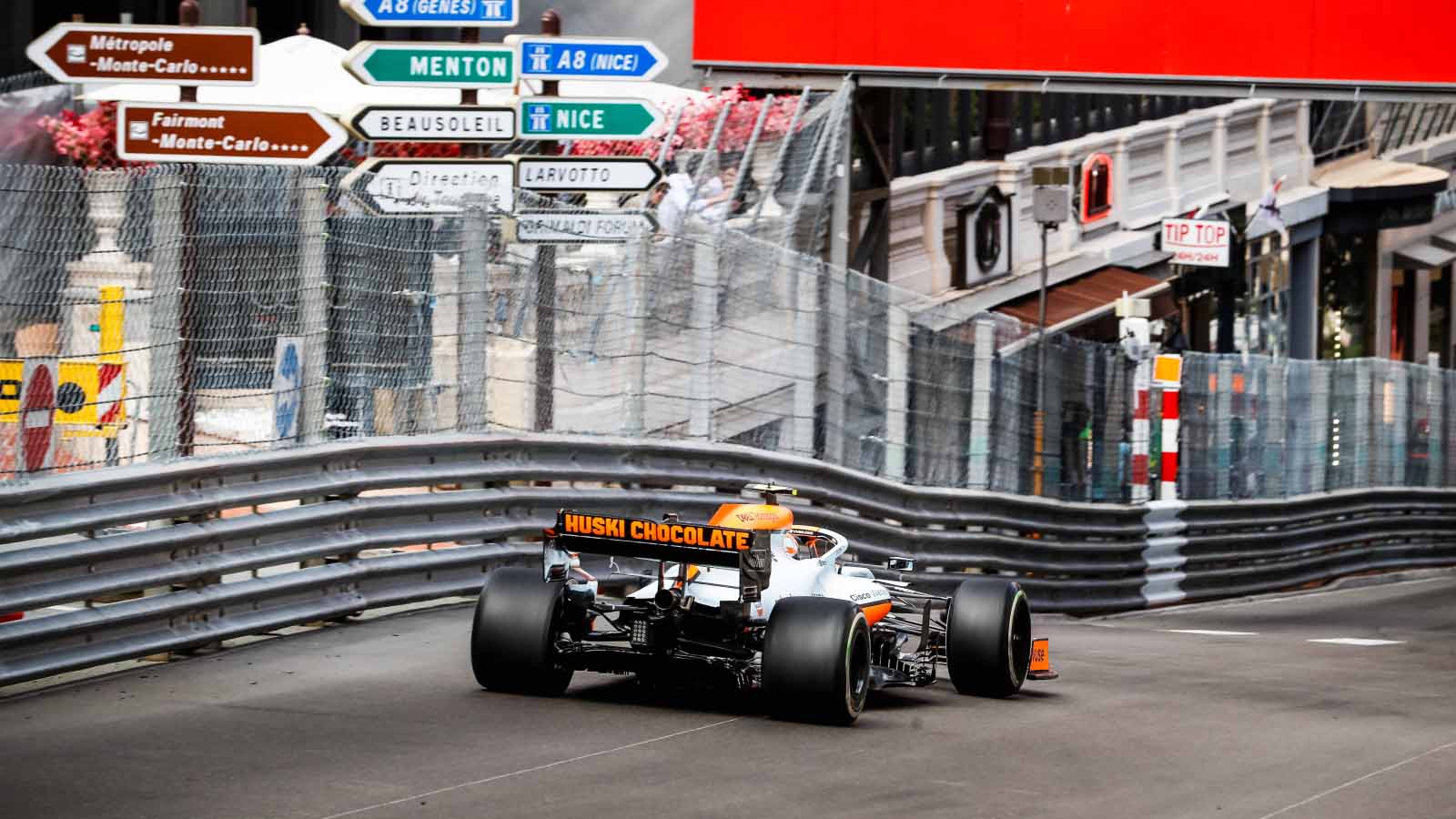Lando Norris in the Gulf-liveried McLaren. Monaco May 2021.
