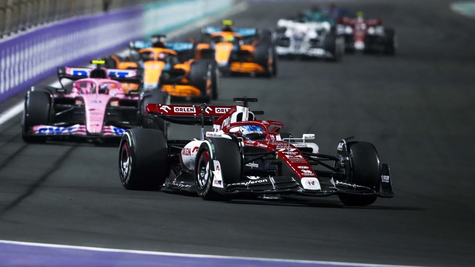 Alfa Romeo driver Valtteri Bottas heads into Turn 1. Jeddah March 2022.