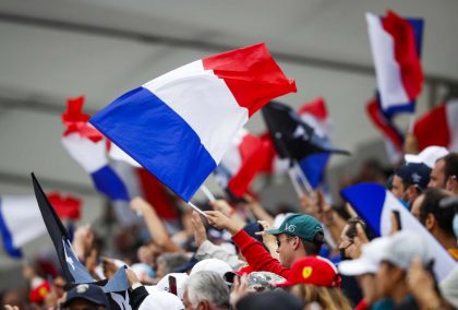 A fan waves a French flag. Paul Ricard June 2021.