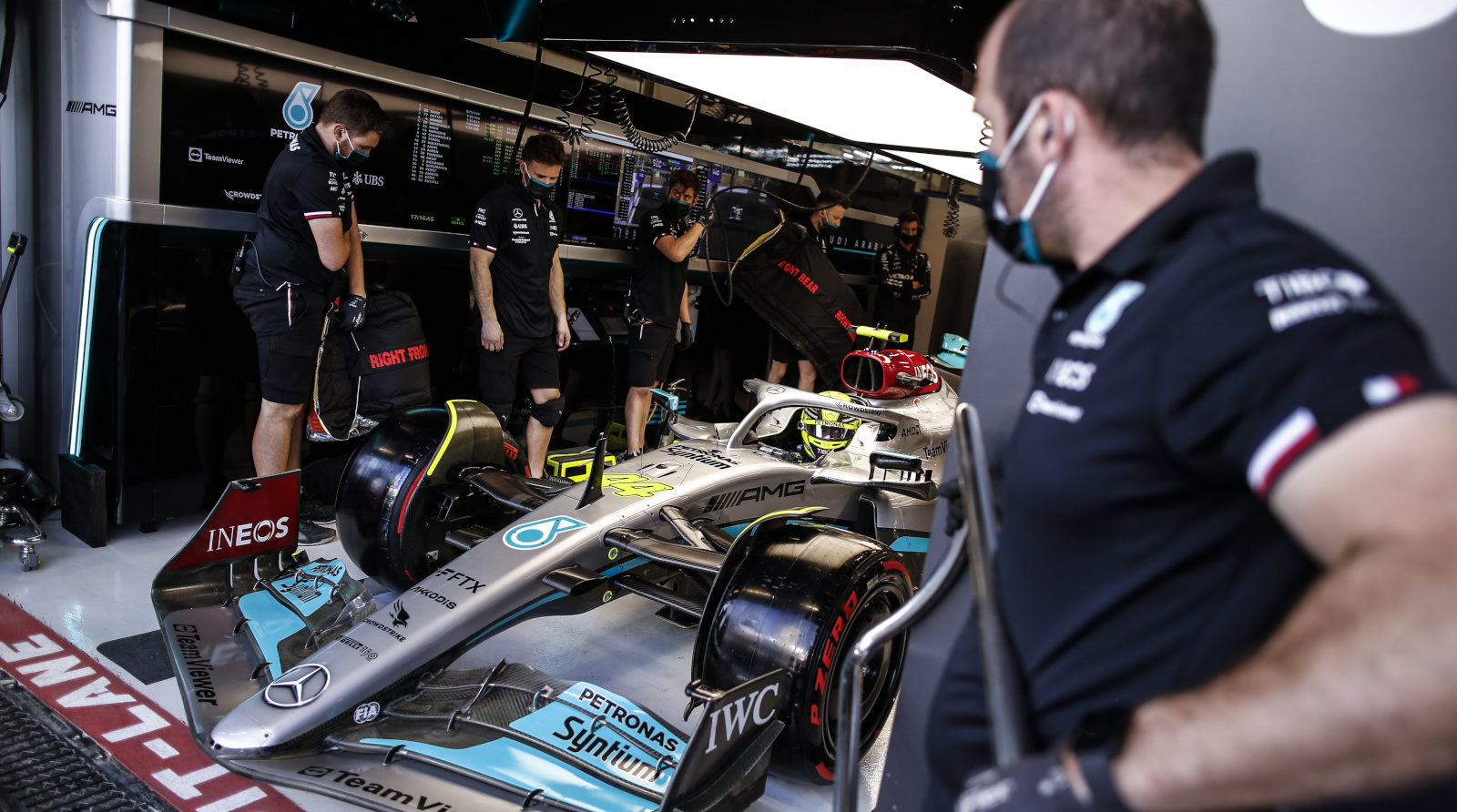Lewis Hamilton prepares to leave the garage. Saudi Arabia March 2022