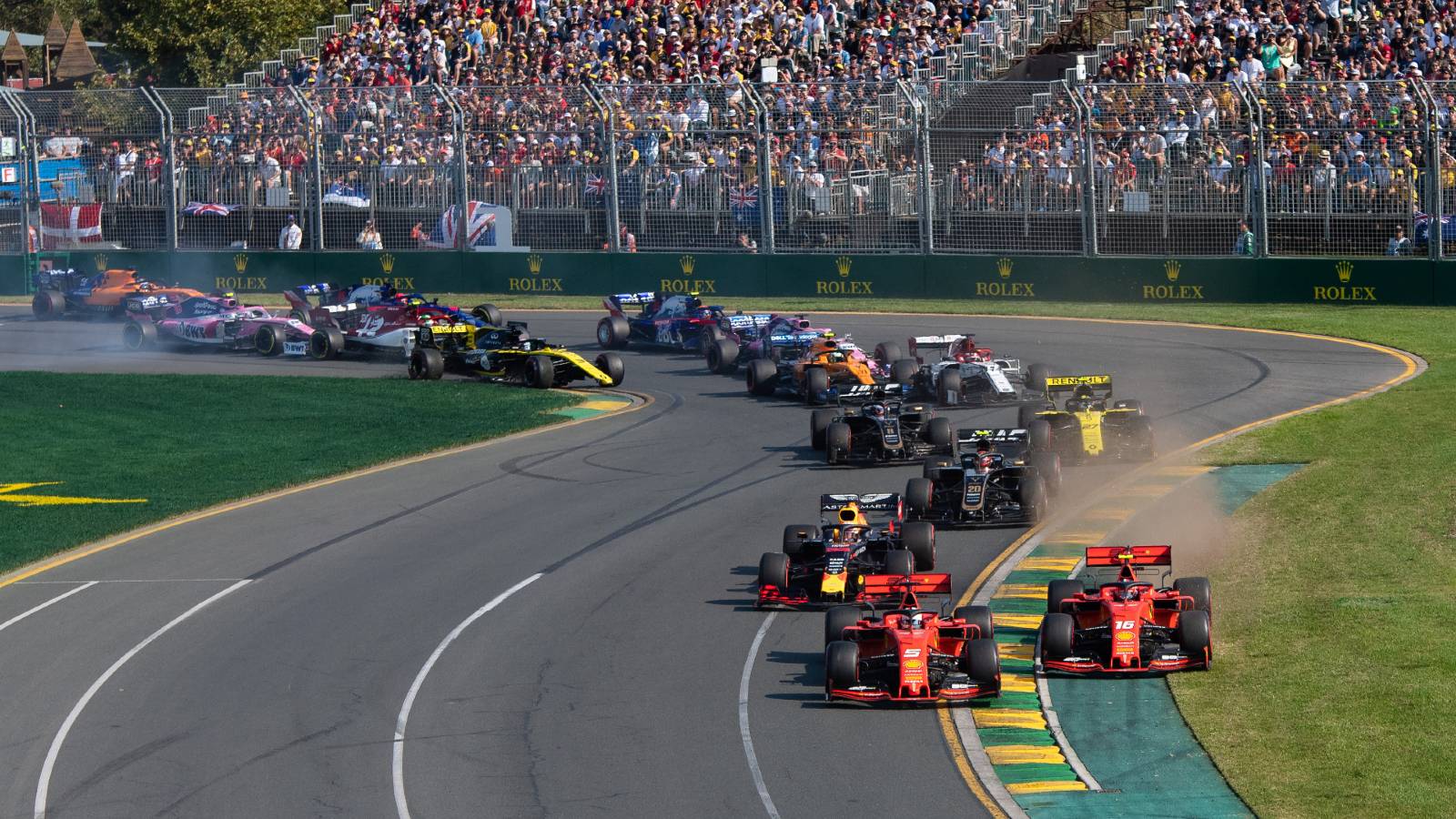 Ferraris battle in the Australian Grand Prix. Melbourne March 2019.