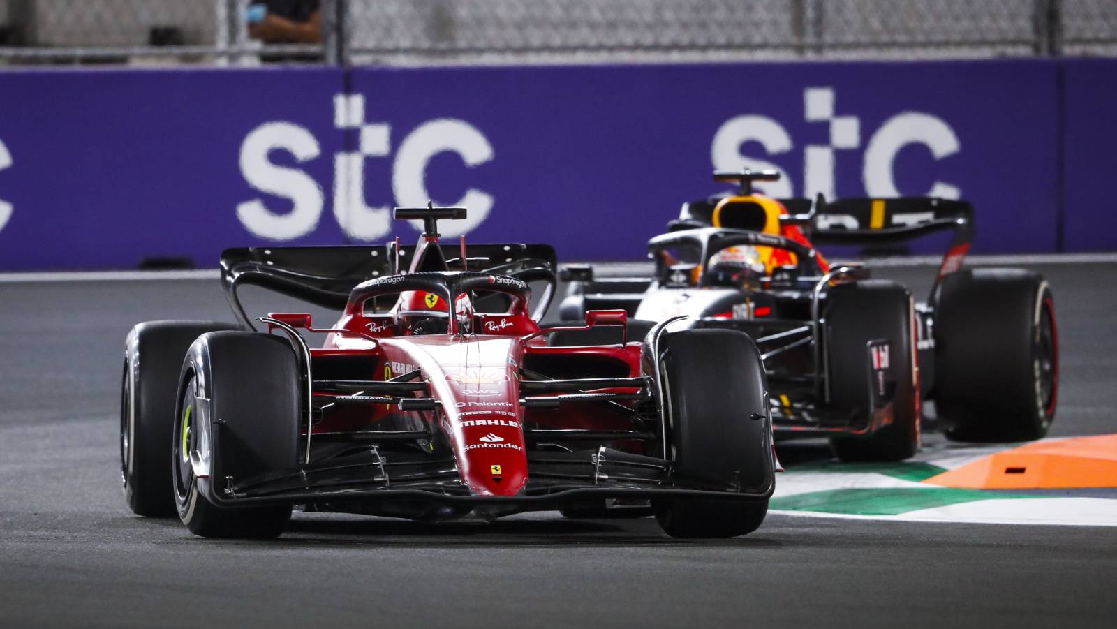 Charles Leclerc just ahead of Max Verstappen. Jeddah March 2022.