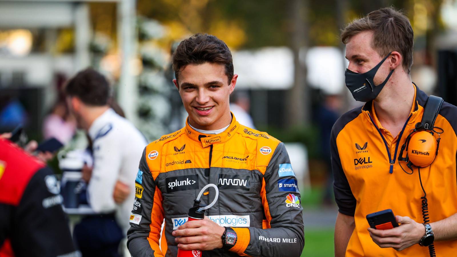 Lando Norris with a McLaren colleague at the Australian GP. Melbourne April 2022.