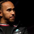 Lewis Hamilton, Mercedes, in front of a dark background. Australia, April 2022.
