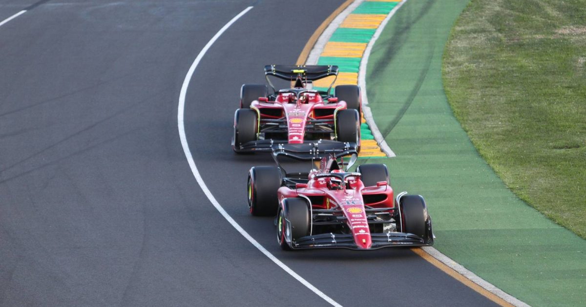 Charles Leclerc, Carlos Sainz, Ferrari, together on track. Australia, April 2022.