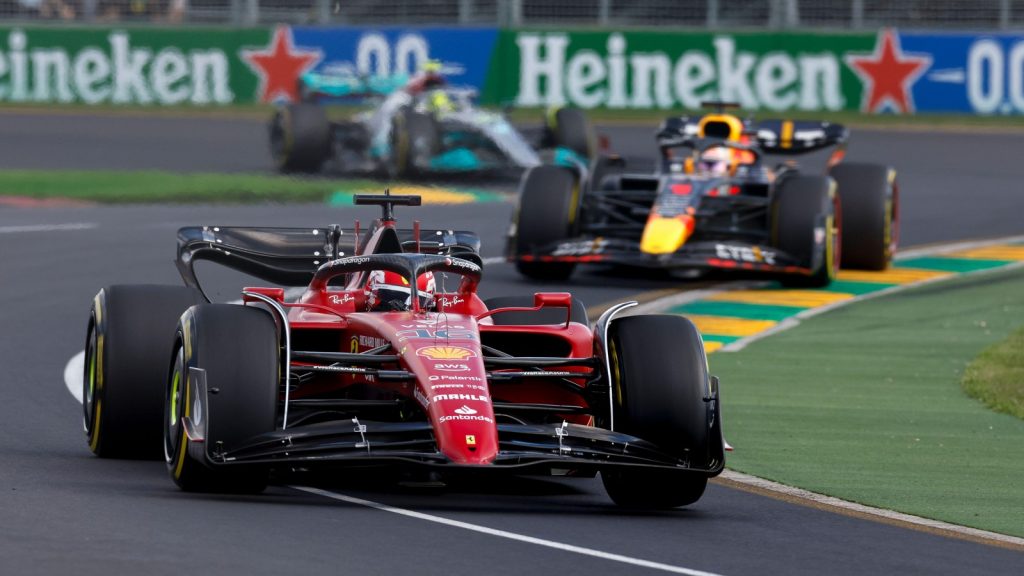 Charles Leclerc, Ferrari, followed by Red Bull and Mercedes. Australia, April 2022.