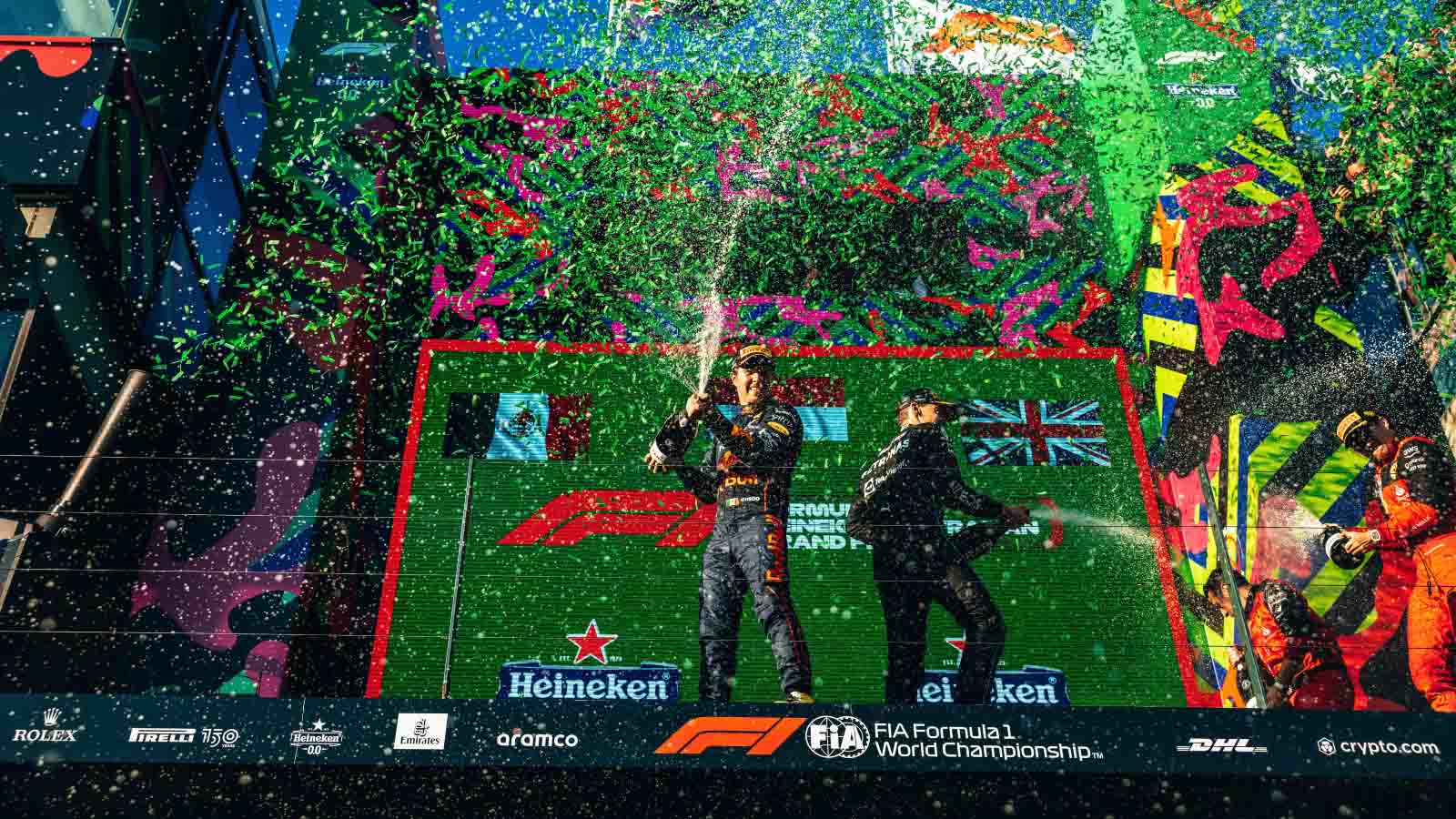 Drivers celebrate on the podium. Australia April 2022.