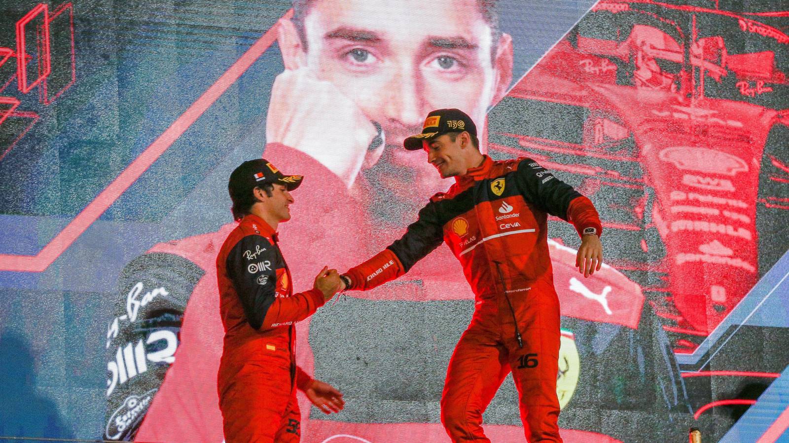 Charles Leclerc and Carlos Sainz on the podium. Bahrain March 2022.