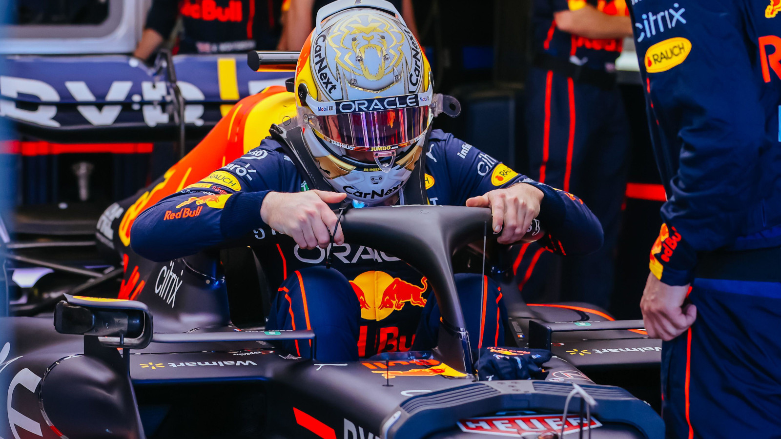 Max Verstappen climbing out of his RB18. Australia April 2022