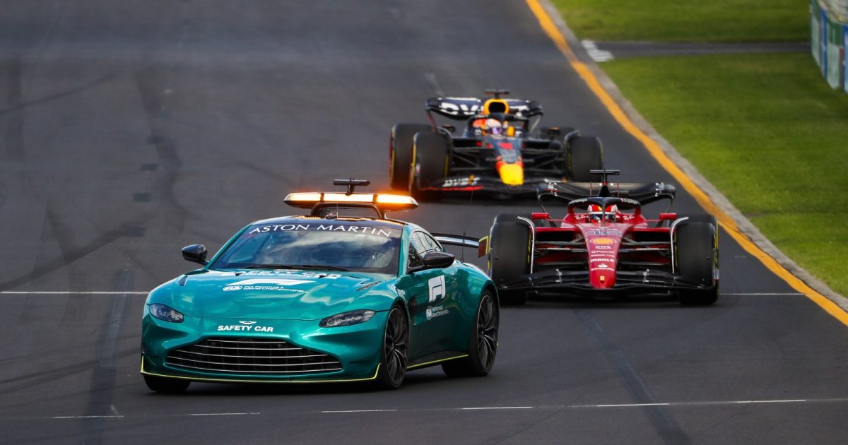 Aston Martin safety car ahead of Charles Leclerc and Max Verstappen. Australia, April 2022.