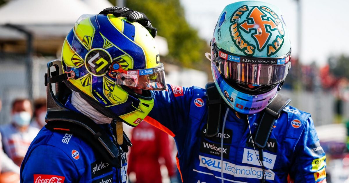 Daniel Ricciardo taps Lando Norris helmet. Monza, September 2021.