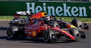 Charles Leclerc just ahead of Max Verstappen. Melbourne April 2022.