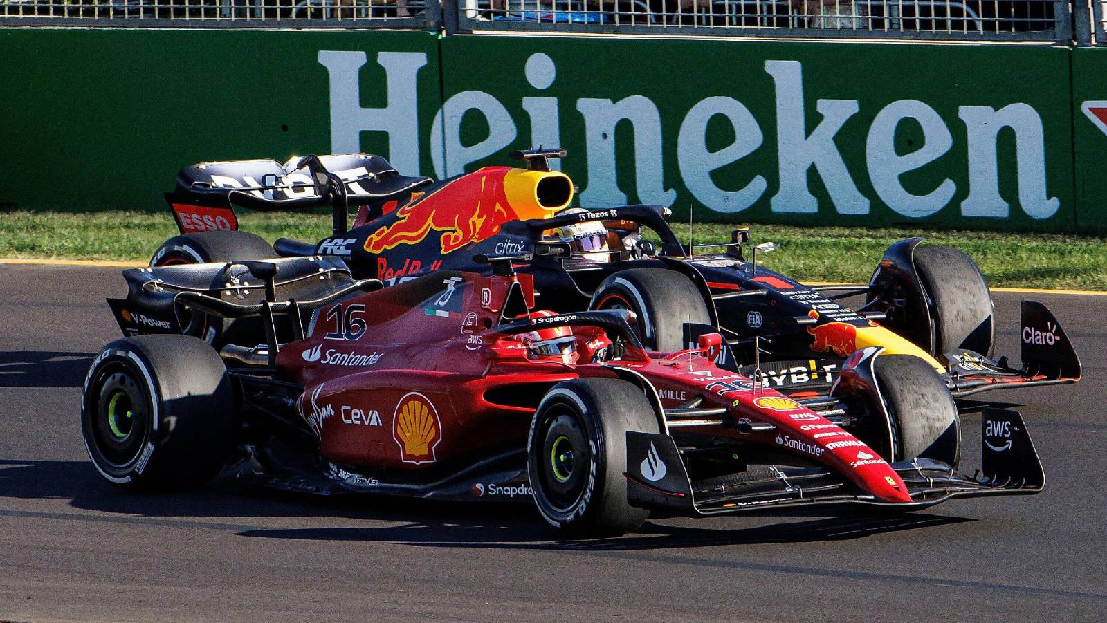 Charles Leclerc just ahead of Max Verstappen. Melbourne April 2022.