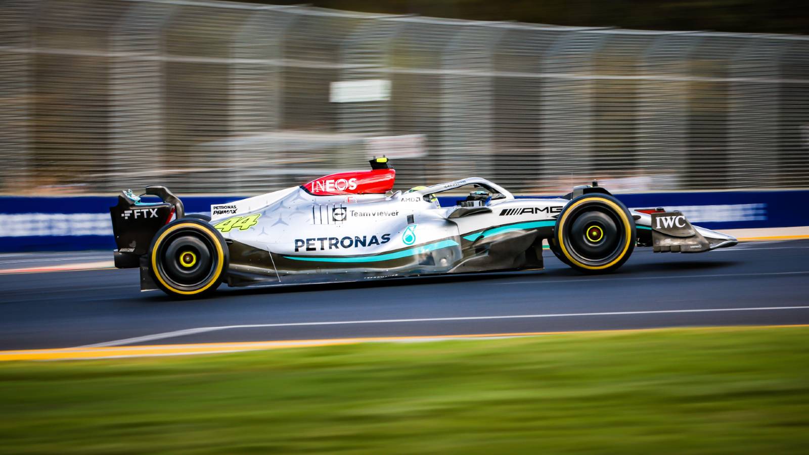 Side-on view of Lewis Hamilton's Mercedes. Melbourne April 2022.