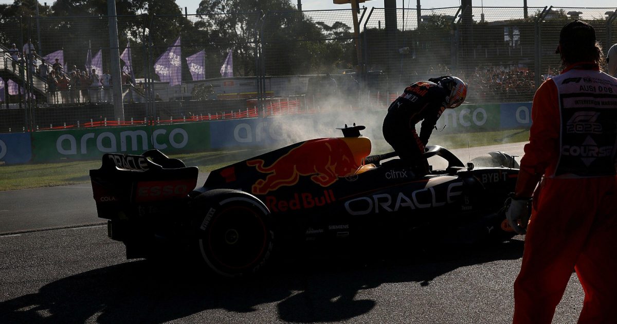 Max Verstappen climbs out of his smoking Red Bull. Australia April 2022