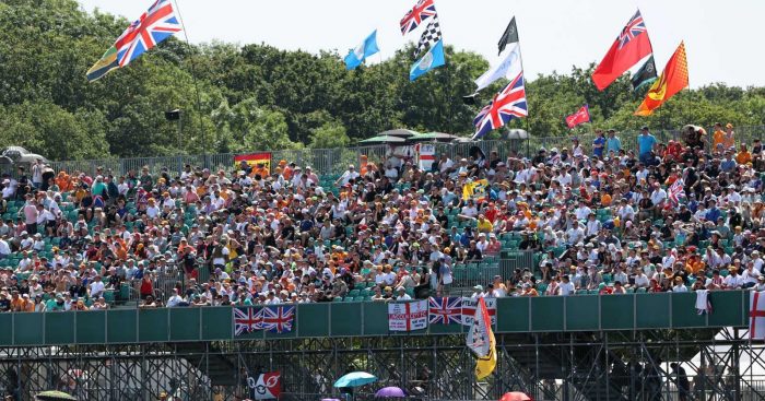 Fans and flags in a Silverstone stand. British Grand Prix 2021