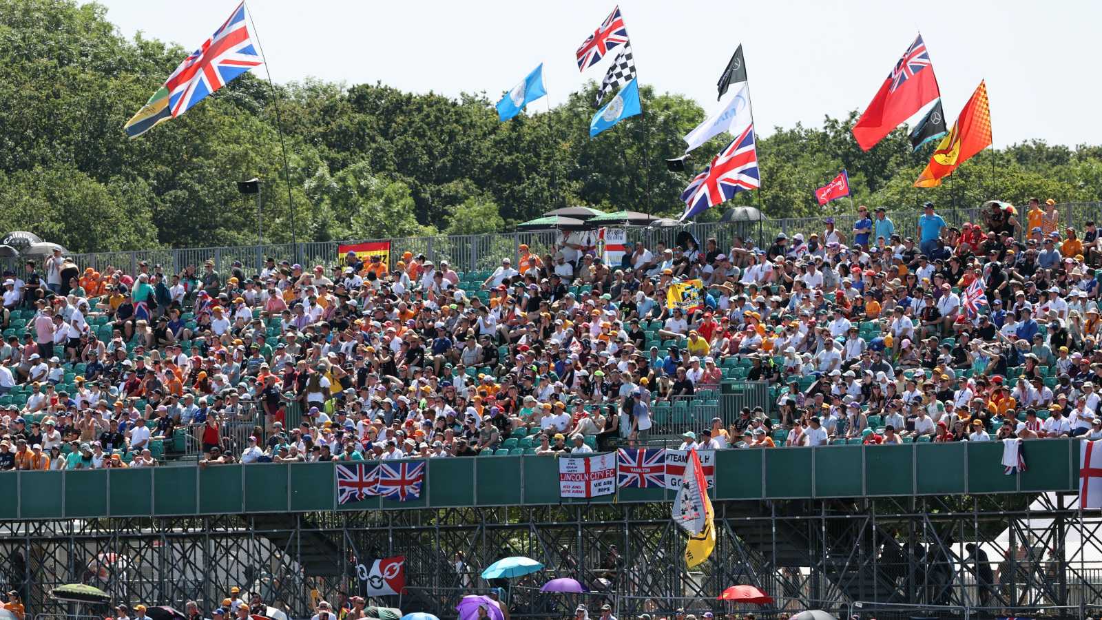 Fans and flags in a Silverstone stand. 