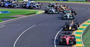 Charles Leclerc, Ferrari, leads the pack away. Australia, April 2022.