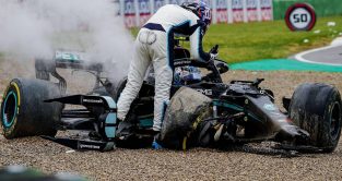 George Russell confronts Valtteri Bottas after their Imola crash. Italy, April 2021.