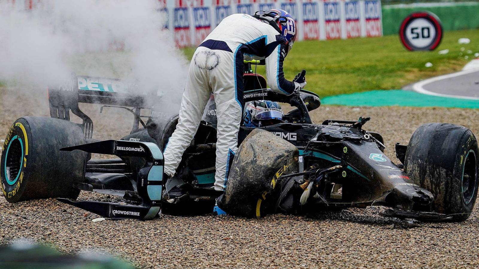 George Russell confronts Valtteri Bottas after their Imola crash. Italy, April 2021.