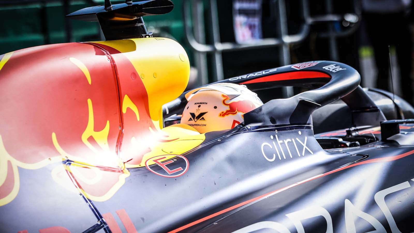 Red Bull driver Max Verstappen in the cockpit. Australia April 2022.