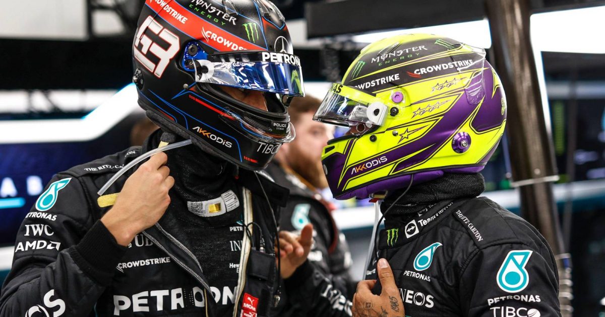 George Russell and Lewis Hamilton speaking together. Jeddah, March 2022.