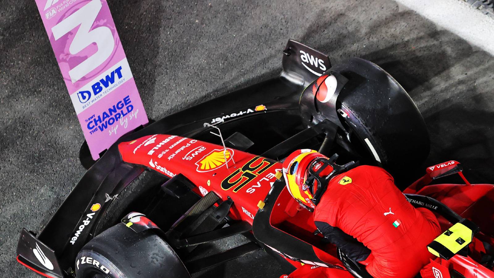 Carlos Sainz's Ferrari against the No 3 marker board. Jeddah March 2022.