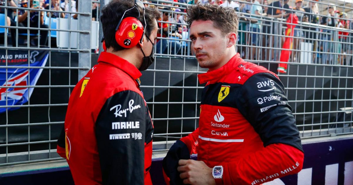 Charles Leclerc talking to a Ferrari engineer. Melbourne April 2022.
