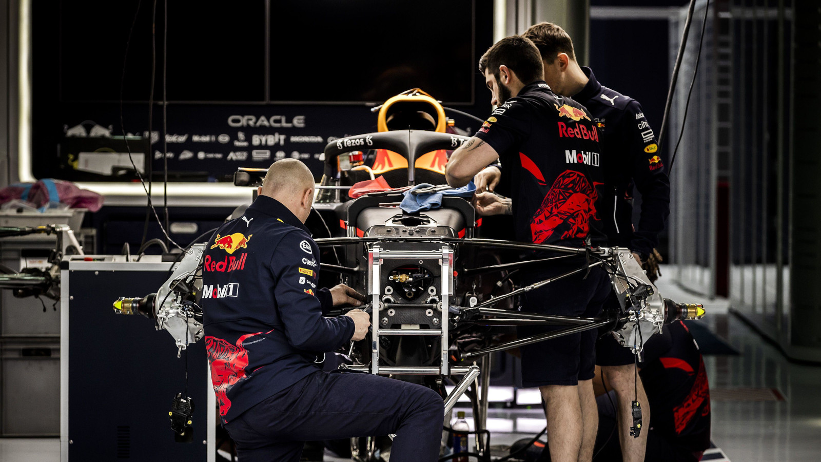 Red Bull working on Max Verstappen's RB18. Imola April 2022
