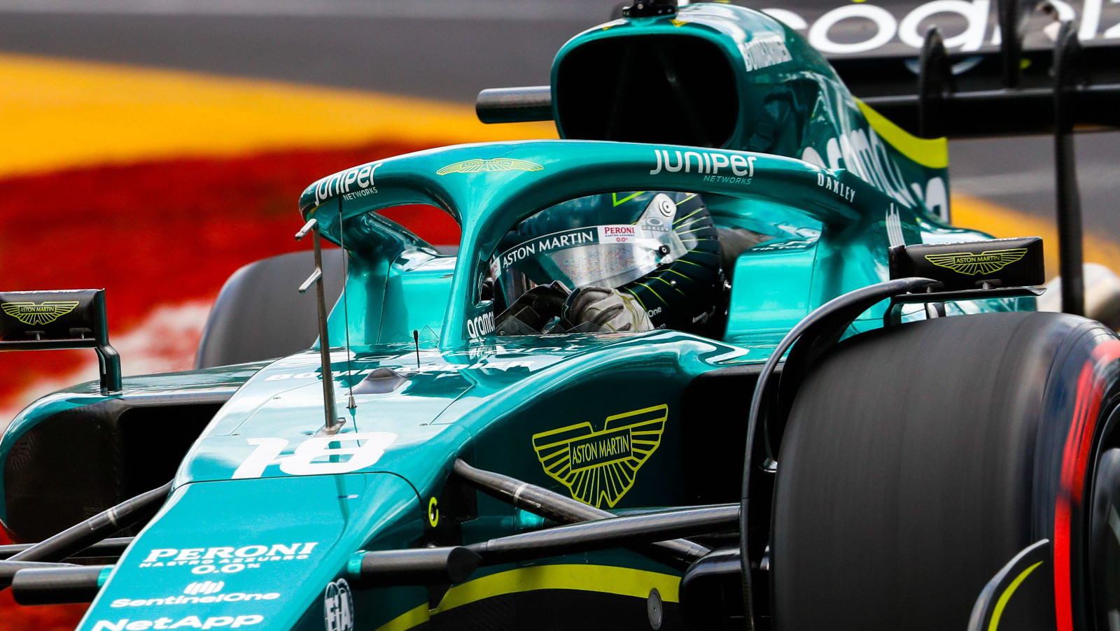 Lance Stroll up close in his Aston Martin. Australia April 2022