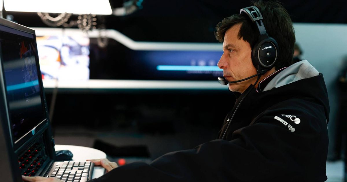 Mercedes CEO Toto Wolff staring at a computer screen. Imola April 2022.