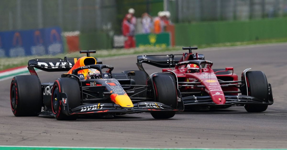 Red Bull man Max Verstappen racing Charles Leclerc. Imola April 2022