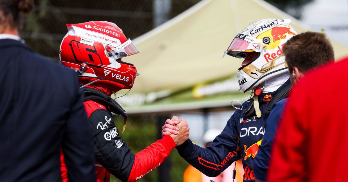 Charles Leclerc and Max Verstappen shake hands. Imola April 2022