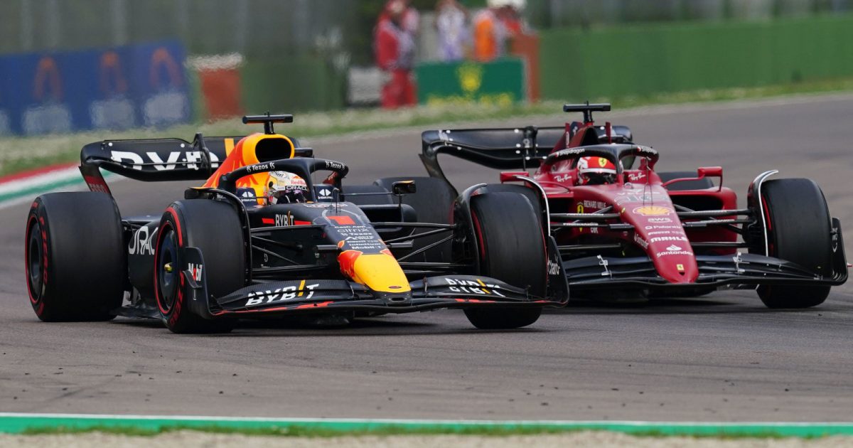 Max Verstappen pulling ahead of Charles Leclerc for the lead. Imola April 2022