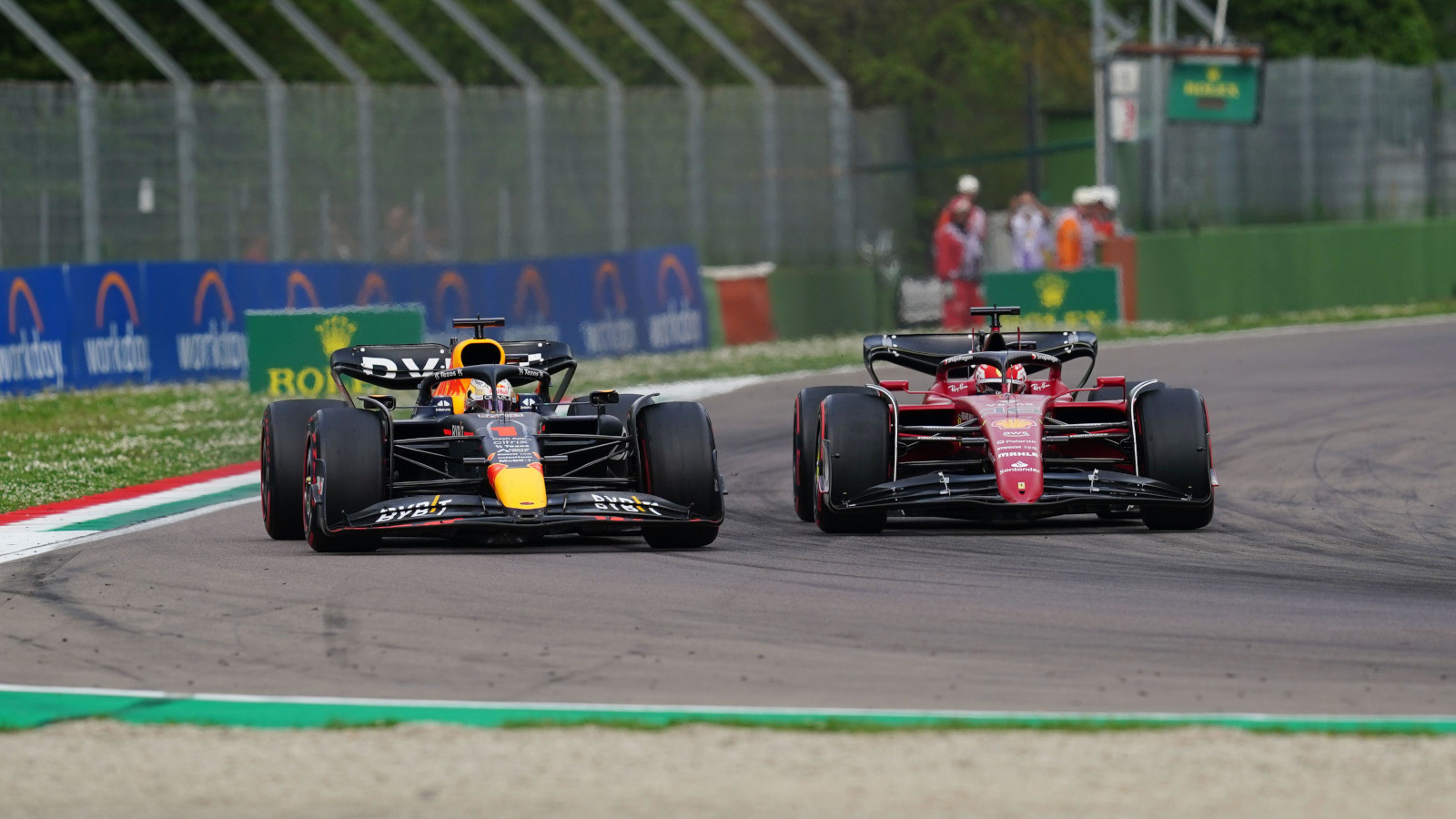 Max Verstappen side by side with Charles Leclerc for the lead. Imola April 2022