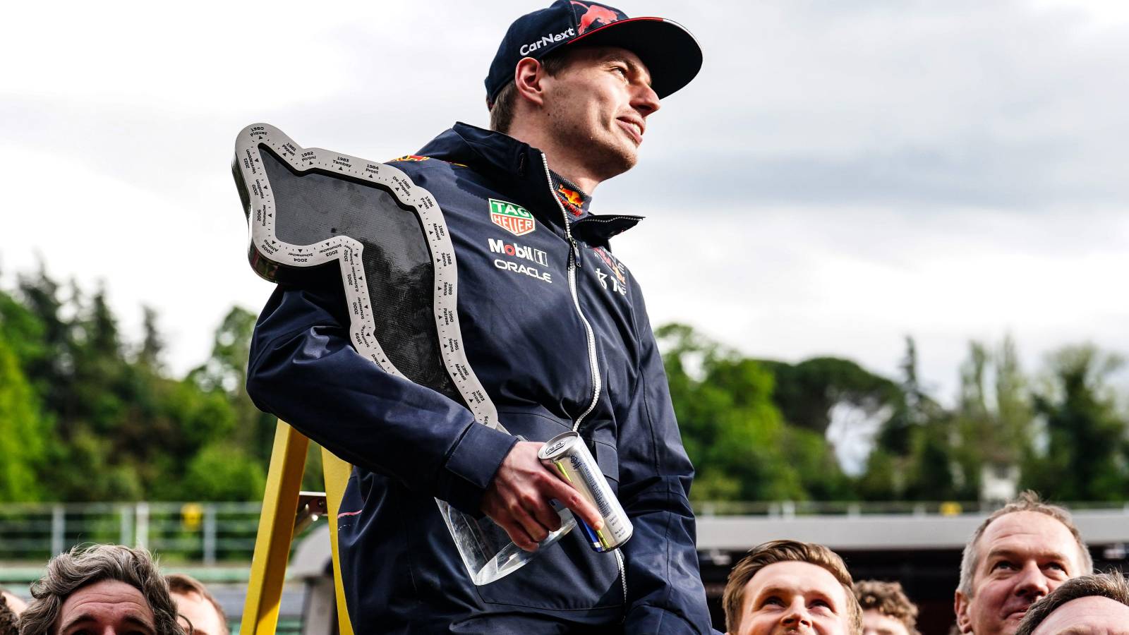 Max Verstappen, Red Bull, lifted with the Imola trophy. Italy, April 2022.