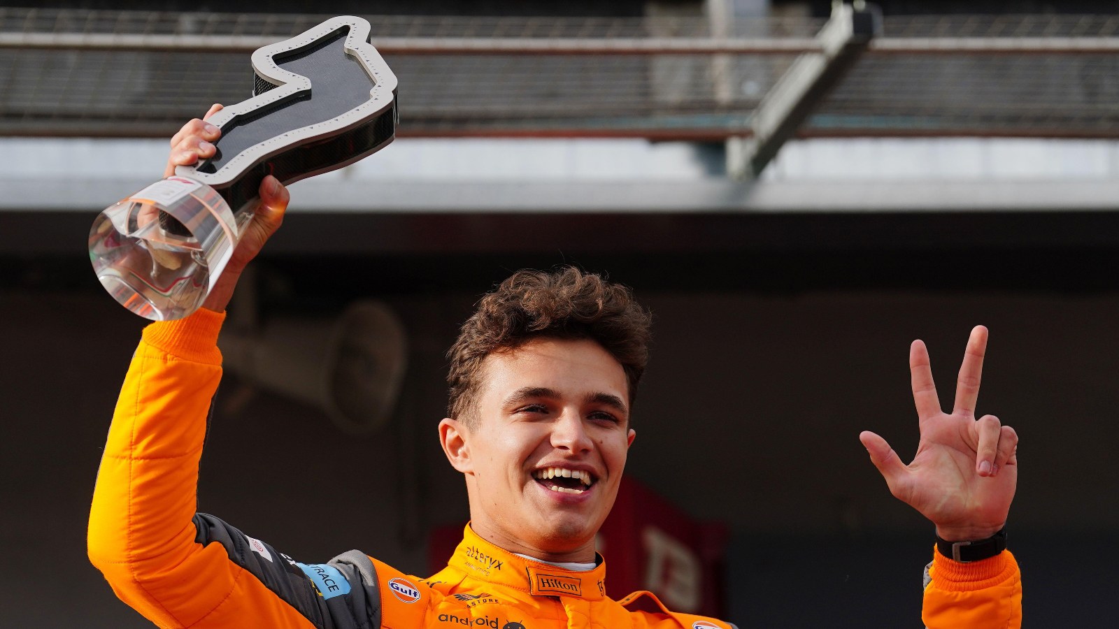 Lando Norris celebrates a podium at the 2022 Emilia Romagna Grand Prix. Imola, April 2022.