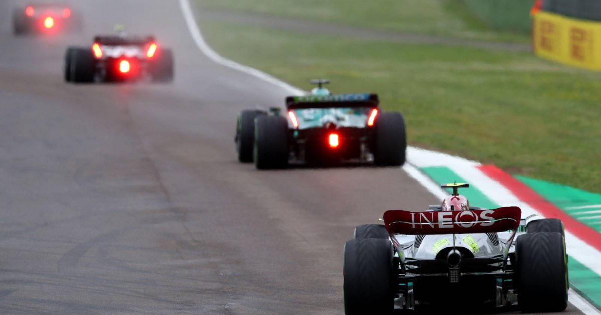 Lewis Hamilton's Mercedes behind three other cars. Imola April 2022.